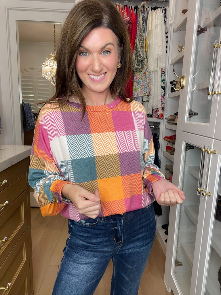 Main Character Plaid Tunic in Berry/Honey/Hunter Green