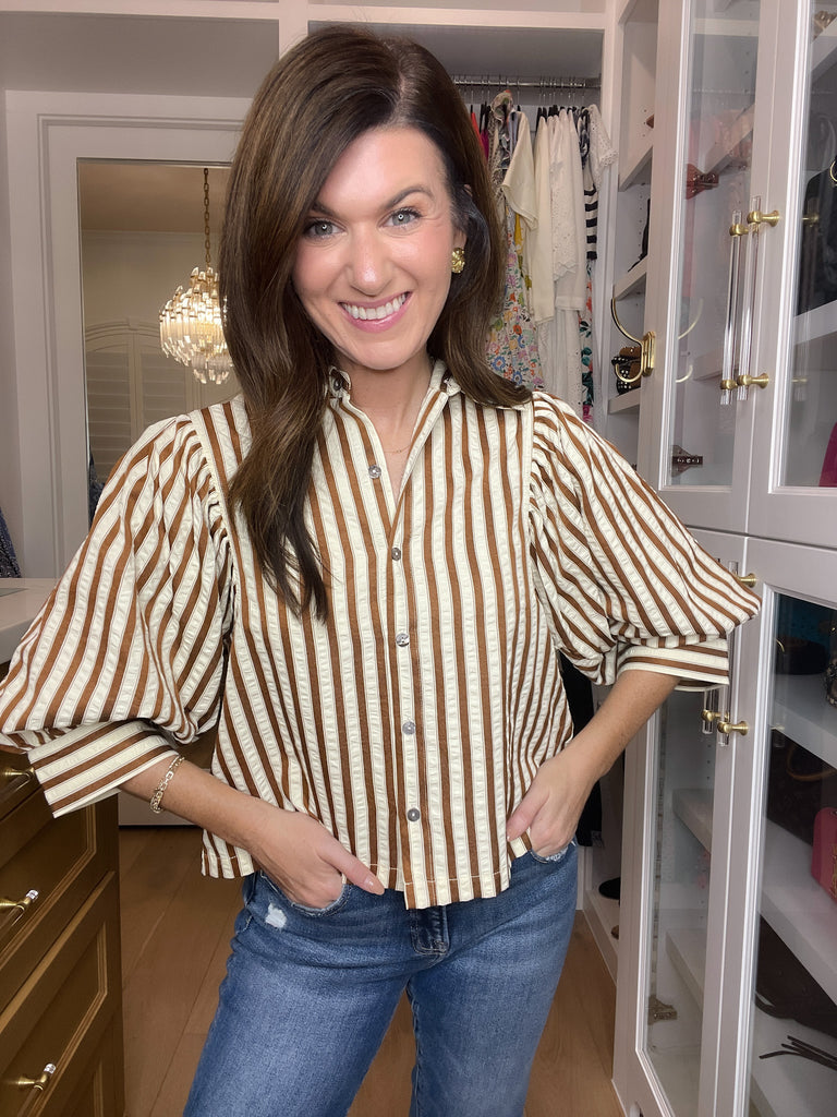 Striped and True Button Down in Brown
