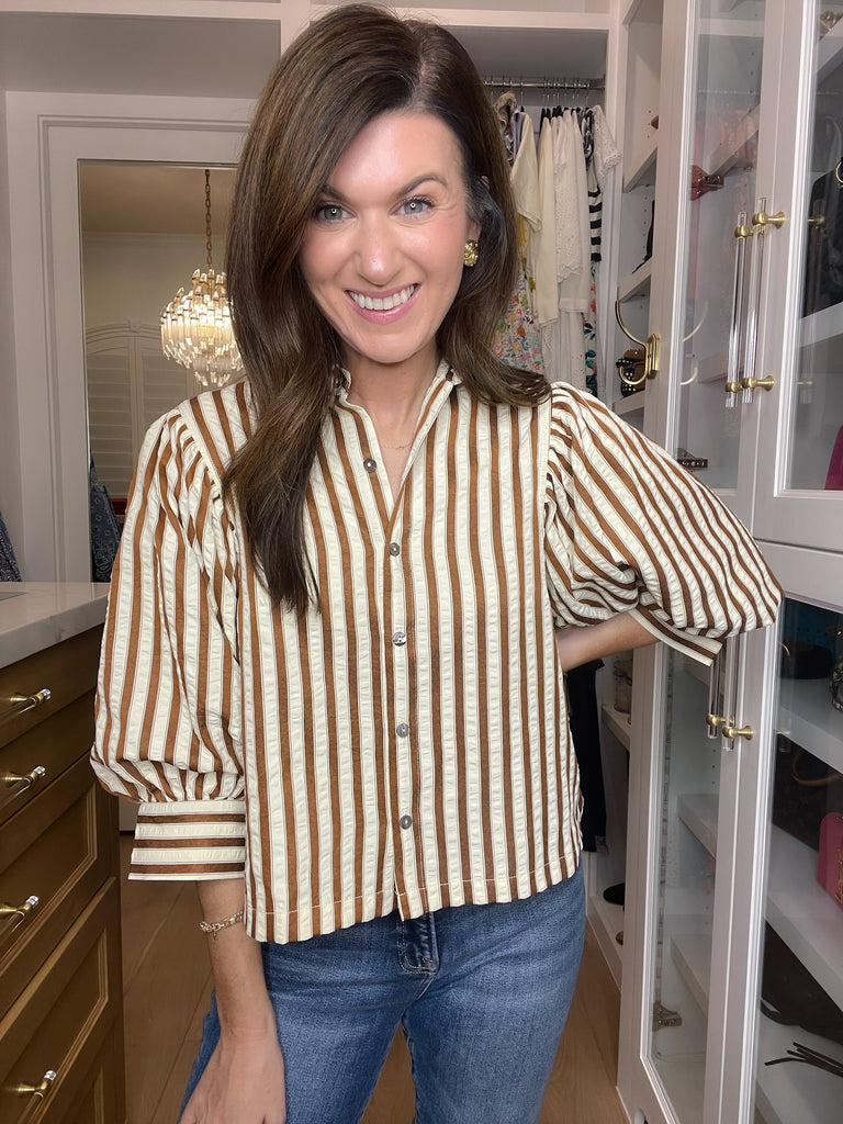 Striped and True Button Down in Brown