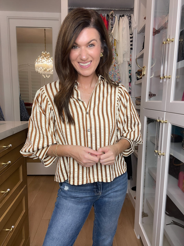 Striped and True Button Down in Brown