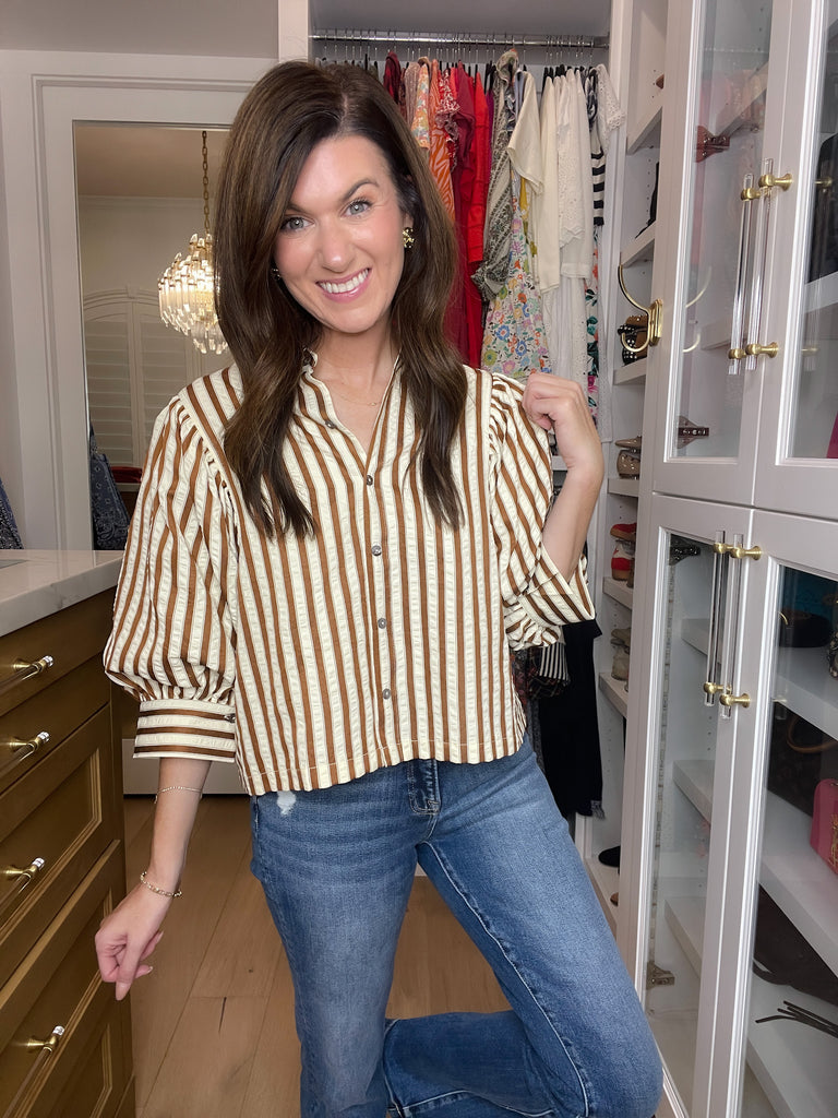Striped and True Button Down in Brown