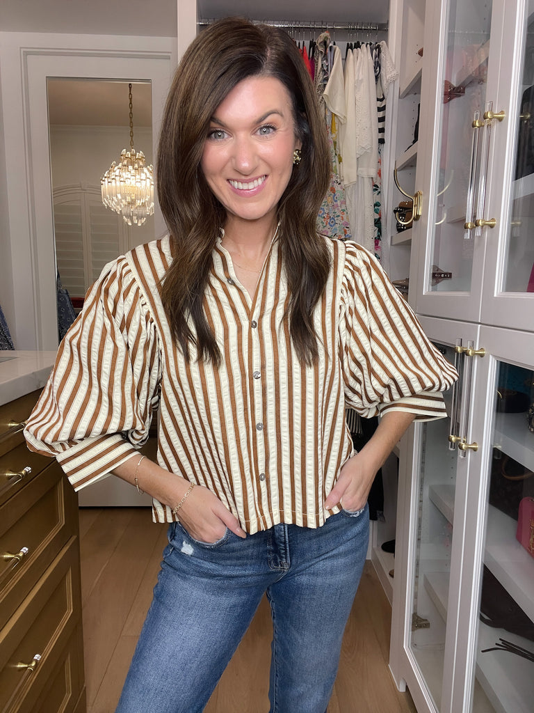 Striped and True Button Down in Brown