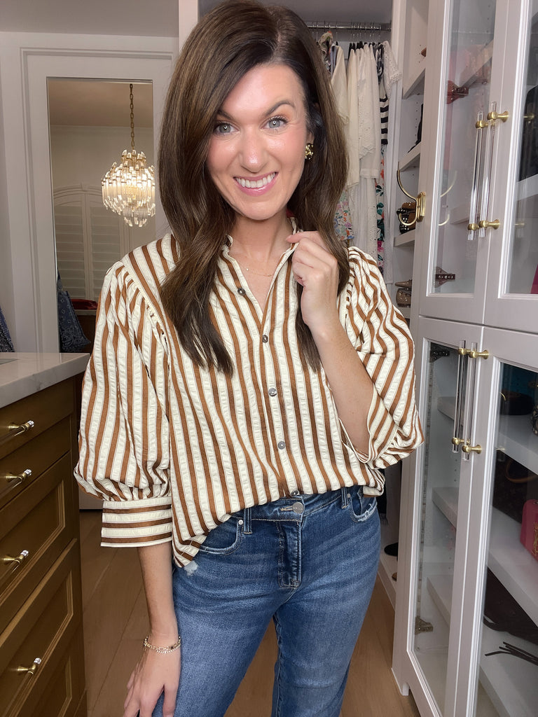 Striped and True Button Down in Brown