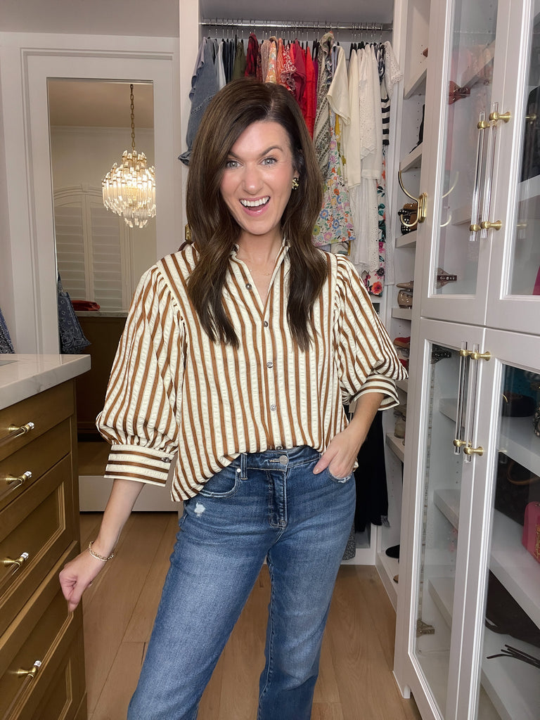 Striped and True Button Down in Brown