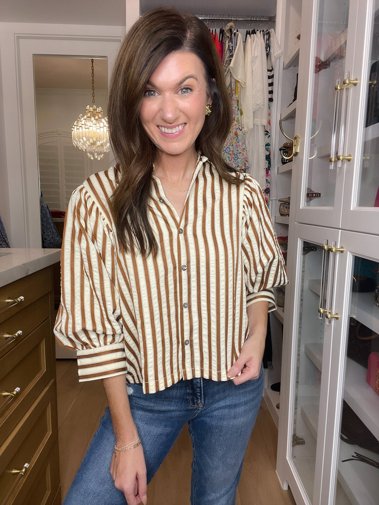 Striped and True Button Down in Brown