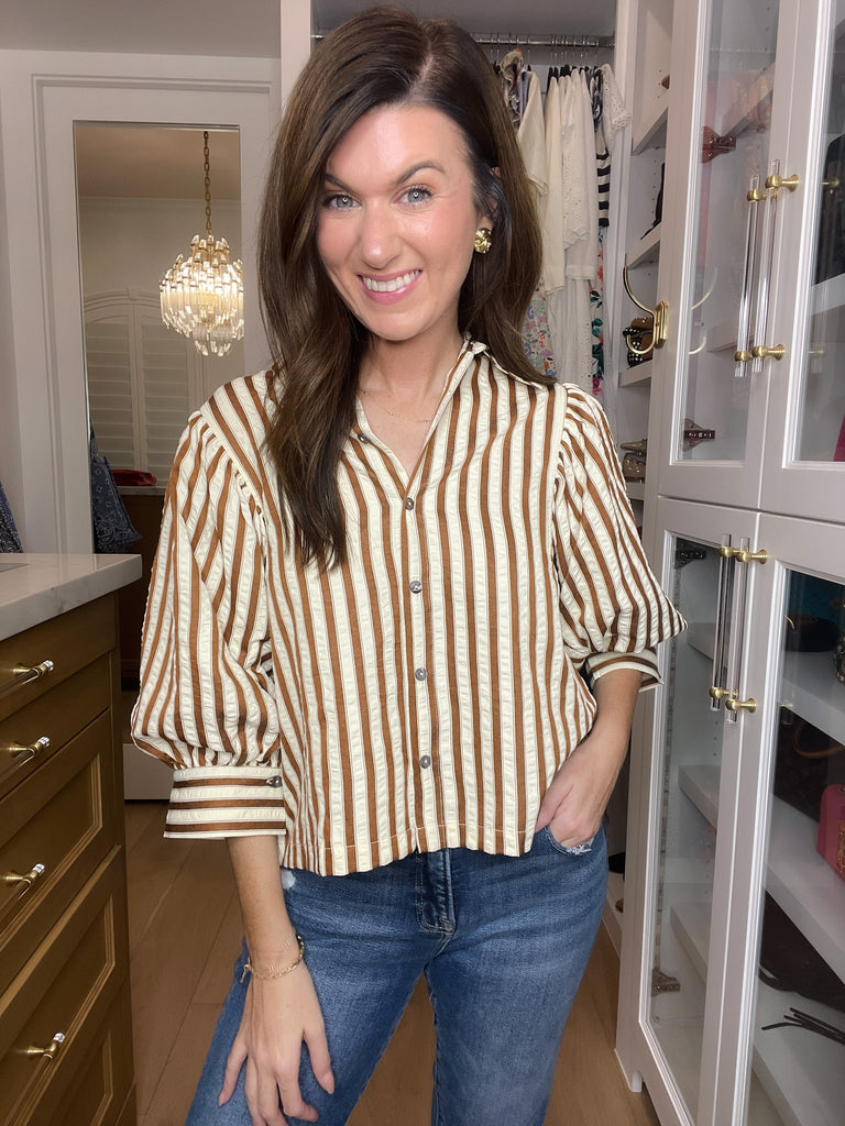 Striped and True Button Down in Brown