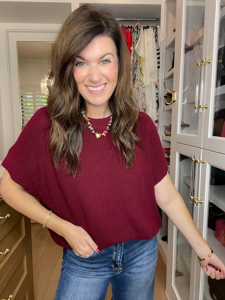 Cozy in the South Short Sleeve Sweater in Burgundy