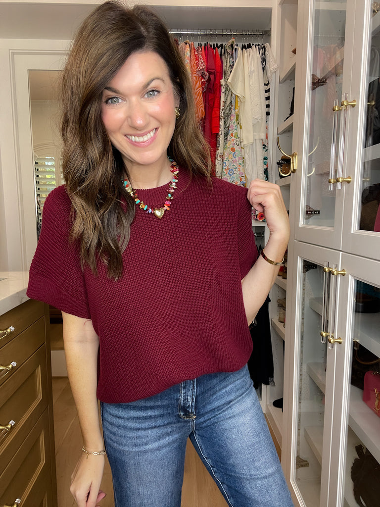 Cozy in the South Short Sleeve Sweater in Burgundy
