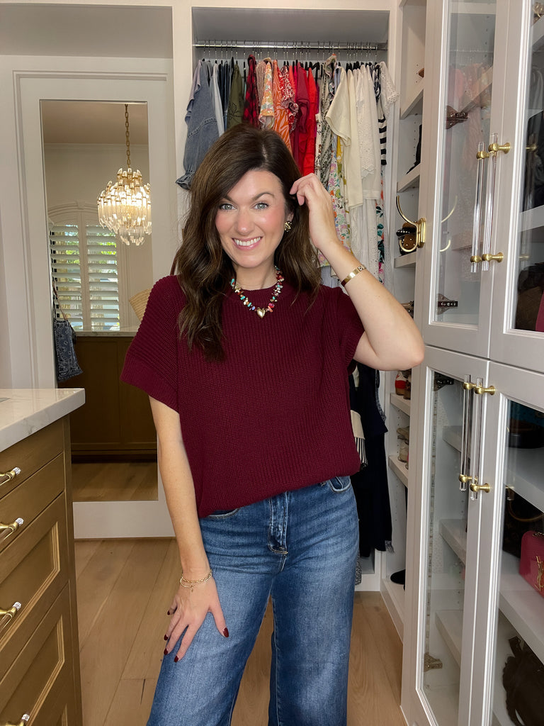 Cozy in the South Short Sleeve Sweater in Burgundy