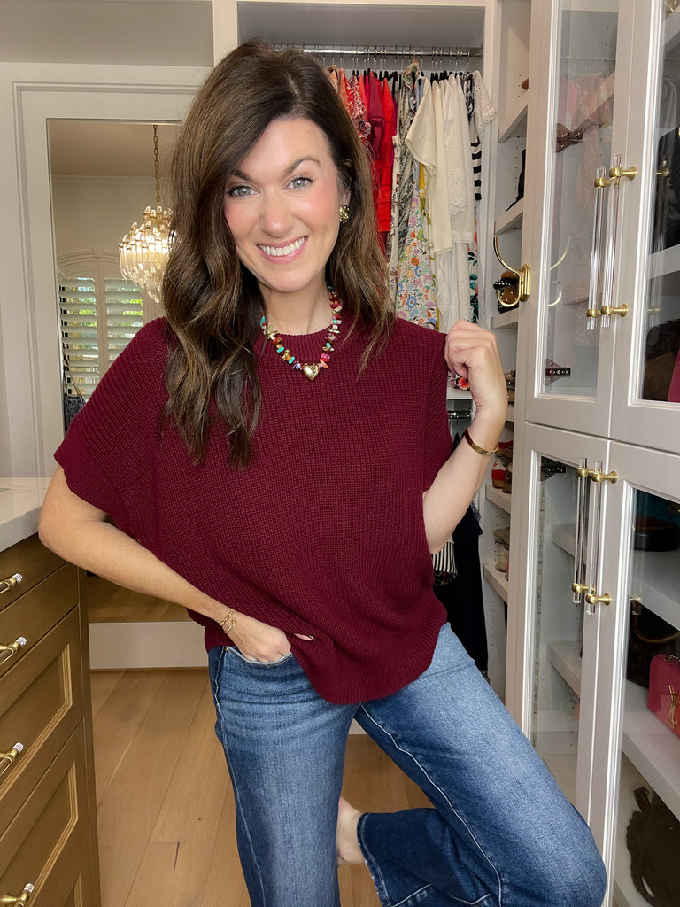 Cozy in the South Short Sleeve Sweater in Burgundy