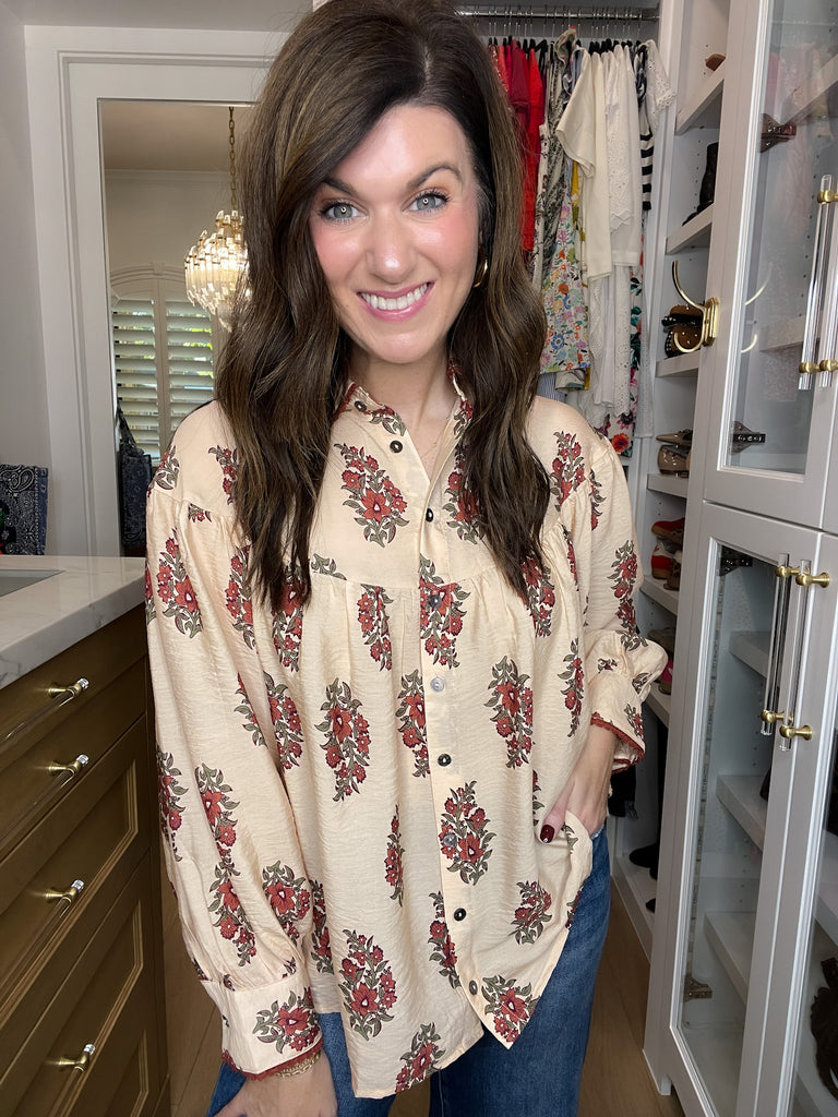 Catching Glances Floral Button Down in Cream