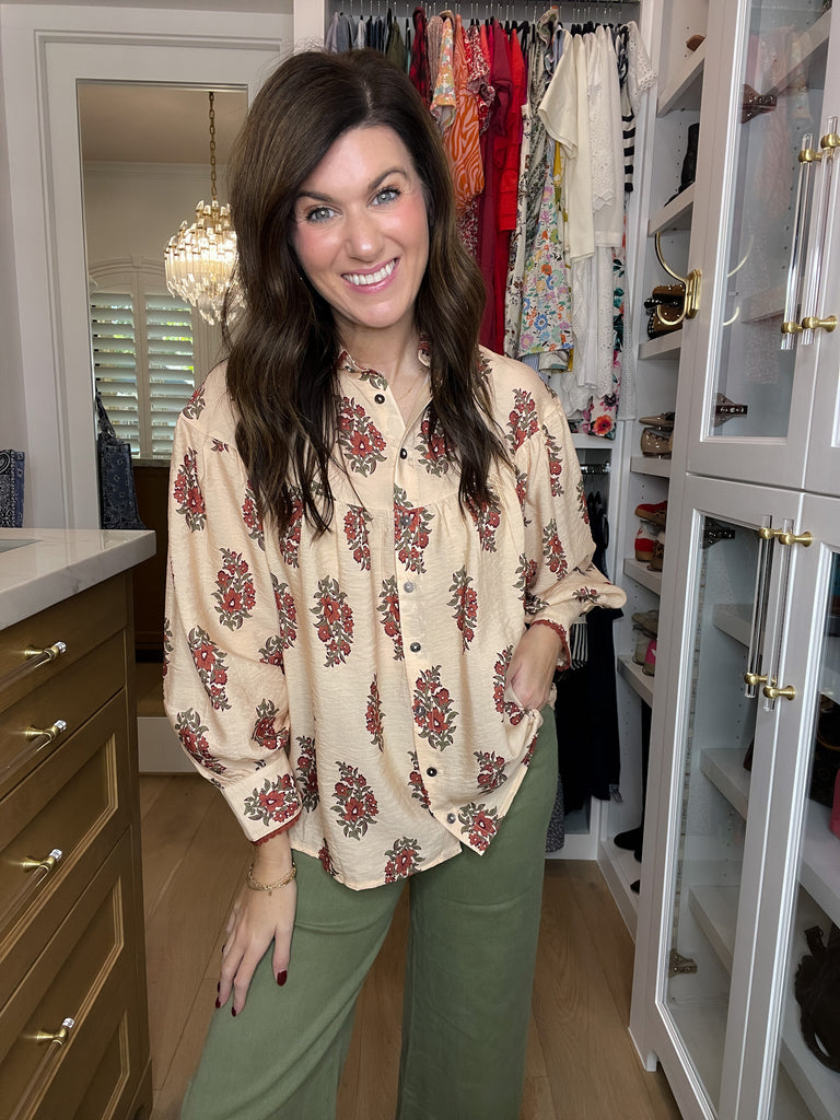 Catching Glances Floral Button Down in Cream