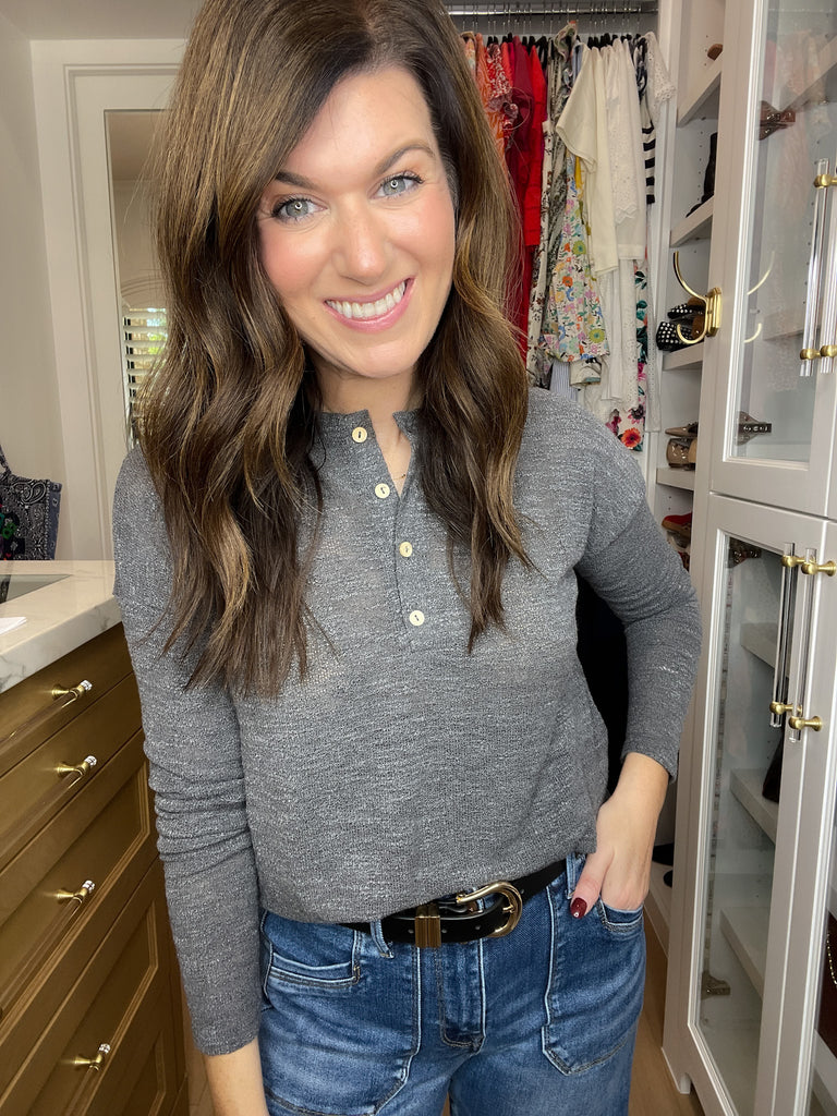 Simple Charm Knit Henley in Charcoal