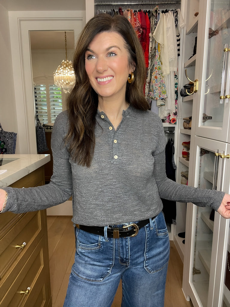 Simple Charm Knit Henley in Charcoal