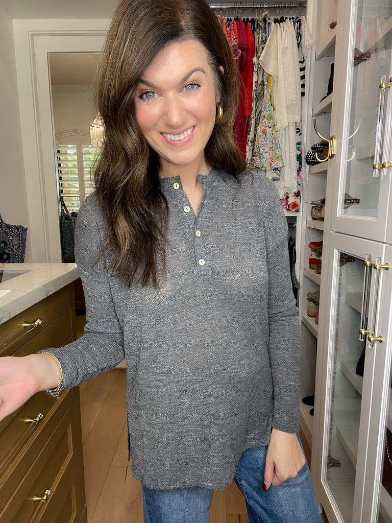 Simple Charm Knit Henley in Charcoal
