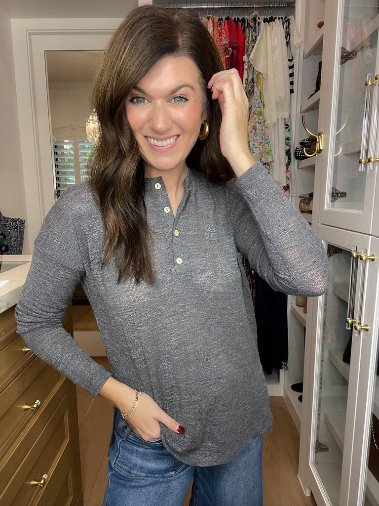 Simple Charm Knit Henley in Charcoal
