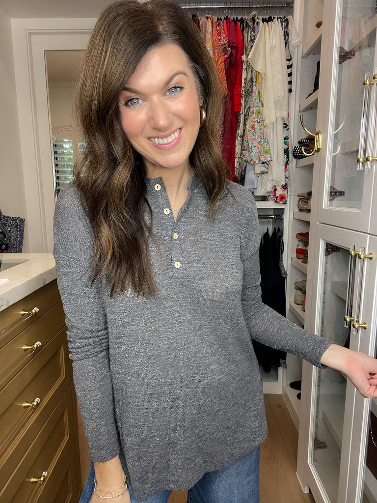 Simple Charm Knit Henley in Charcoal