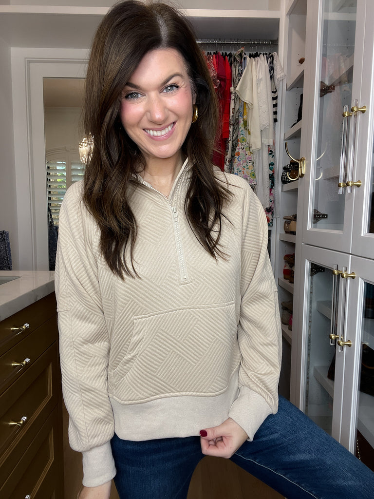 Gridline Textured Half-Zip Pullover in Taupe