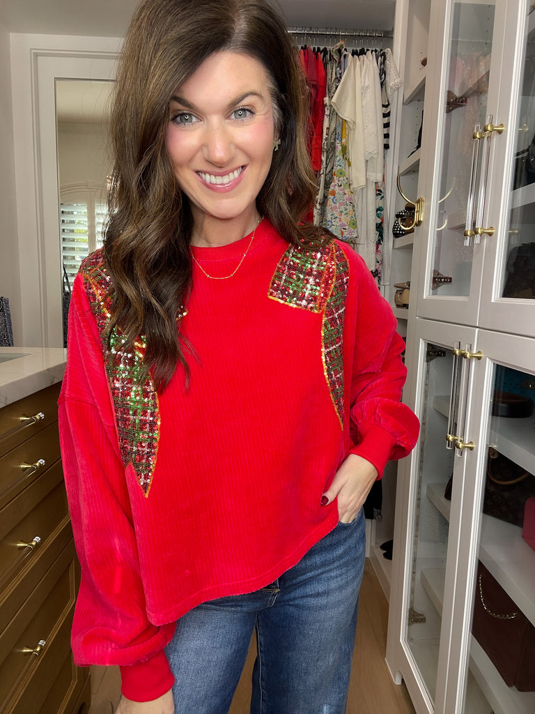 I'm a Gift Sequin Bow Corded Pullover in Red