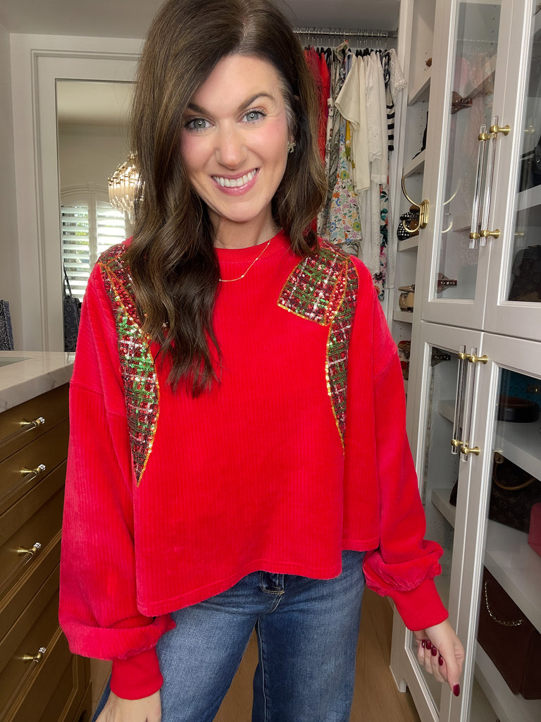 I'm a Gift Sequin Bow Corded Pullover in Red