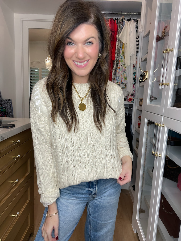 Chalet Charm Distressed Cable Knit Sweater