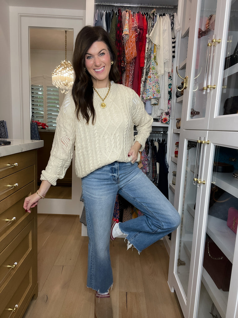 Chalet Charm Distressed Cable Knit Sweater