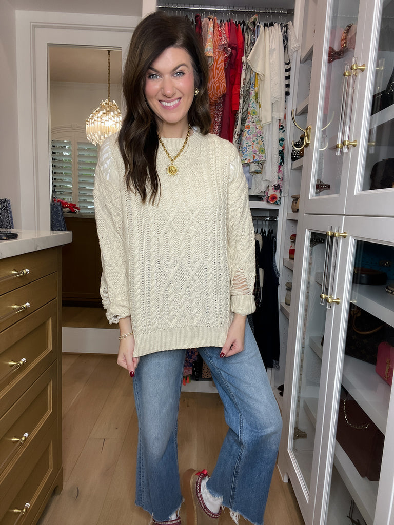 Chalet Charm Distressed Cable Knit Sweater