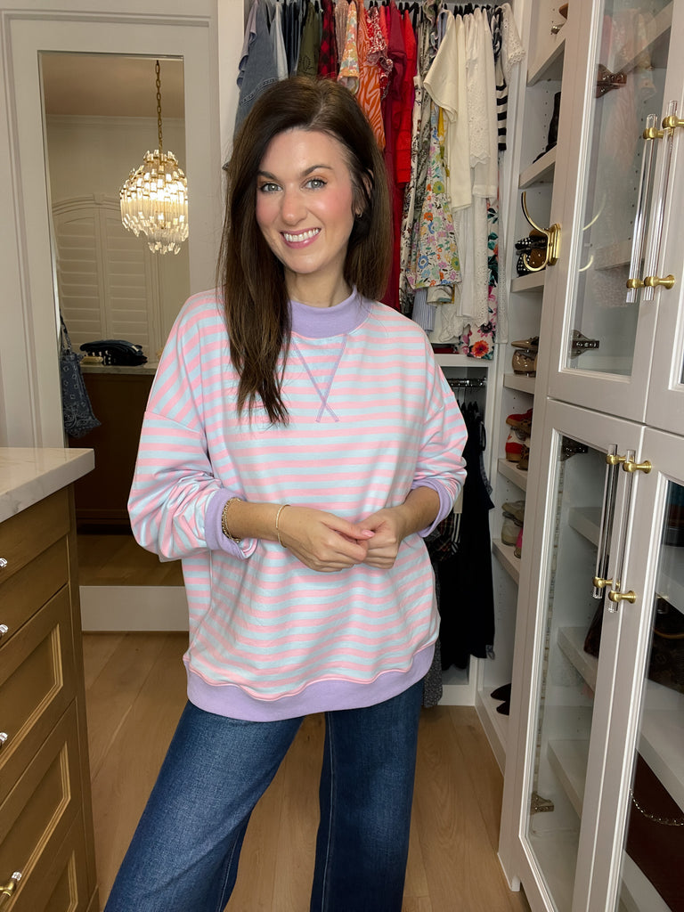 Off-Duty Mock Neck Pullover in Pink/Blue