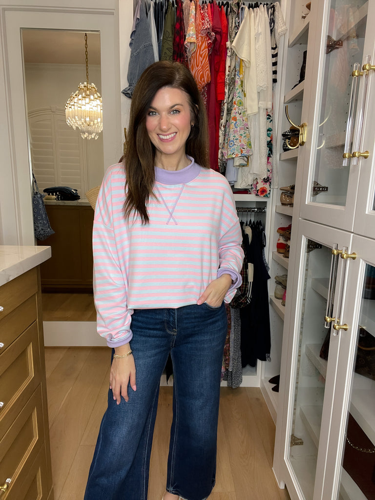 Off-Duty Mock Neck Pullover in Pink/Blue