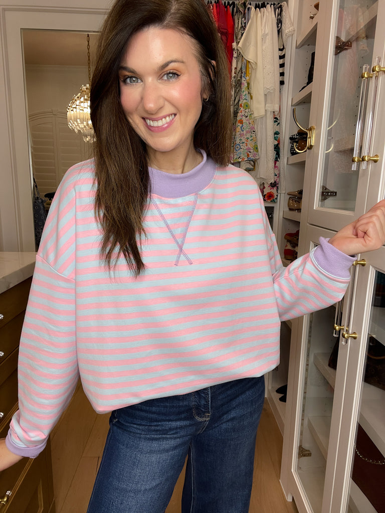 Off-Duty Mock Neck Pullover in Pink/Blue