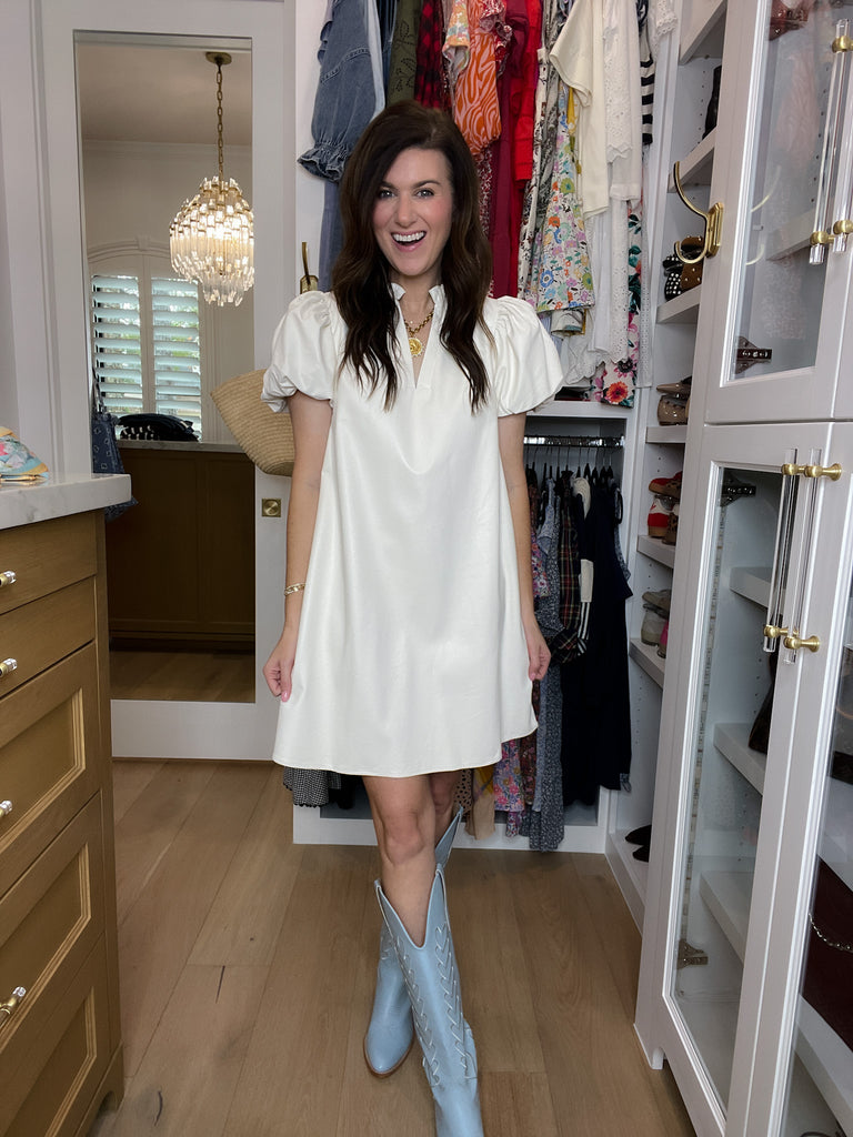 Talulah Leather Puff Sleeve Dress in Cream