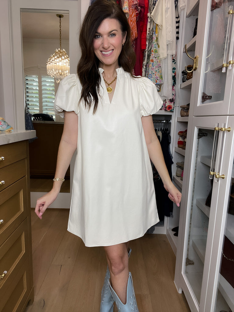 Talulah Leather Puff Sleeve Dress in Cream