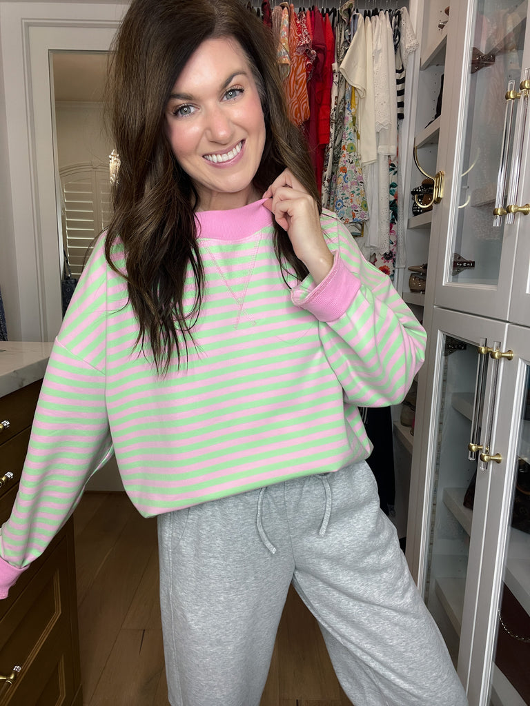 Off-Duty Mock Neck Pullover in Pink/Mint