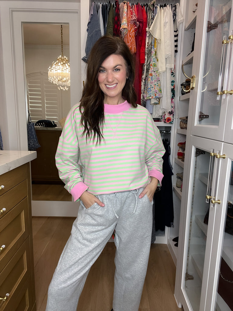 Off-Duty Mock Neck Pullover in Pink/Mint