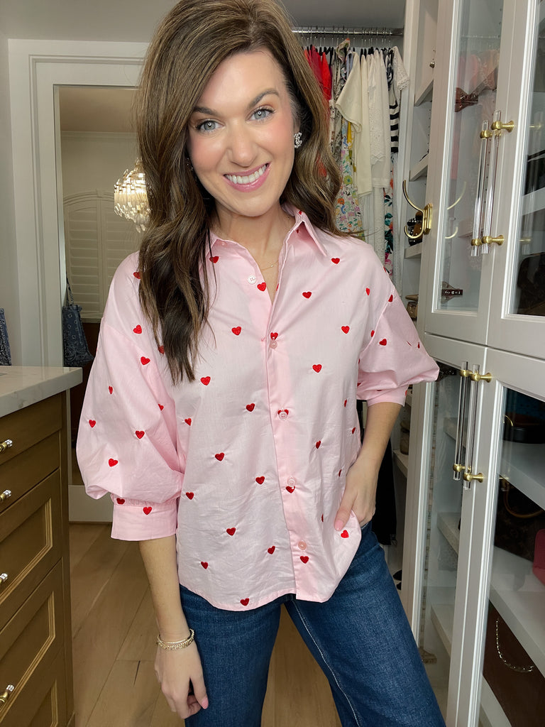 Love Note Button Down in Pink
