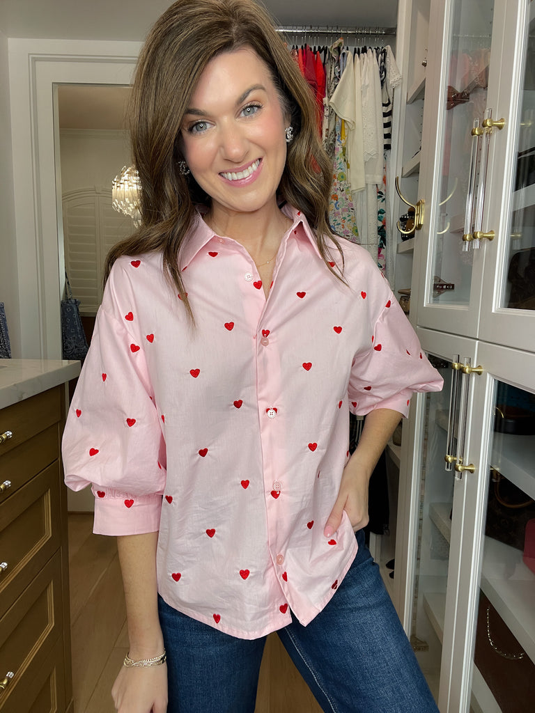 Love Note Button Down in Pink