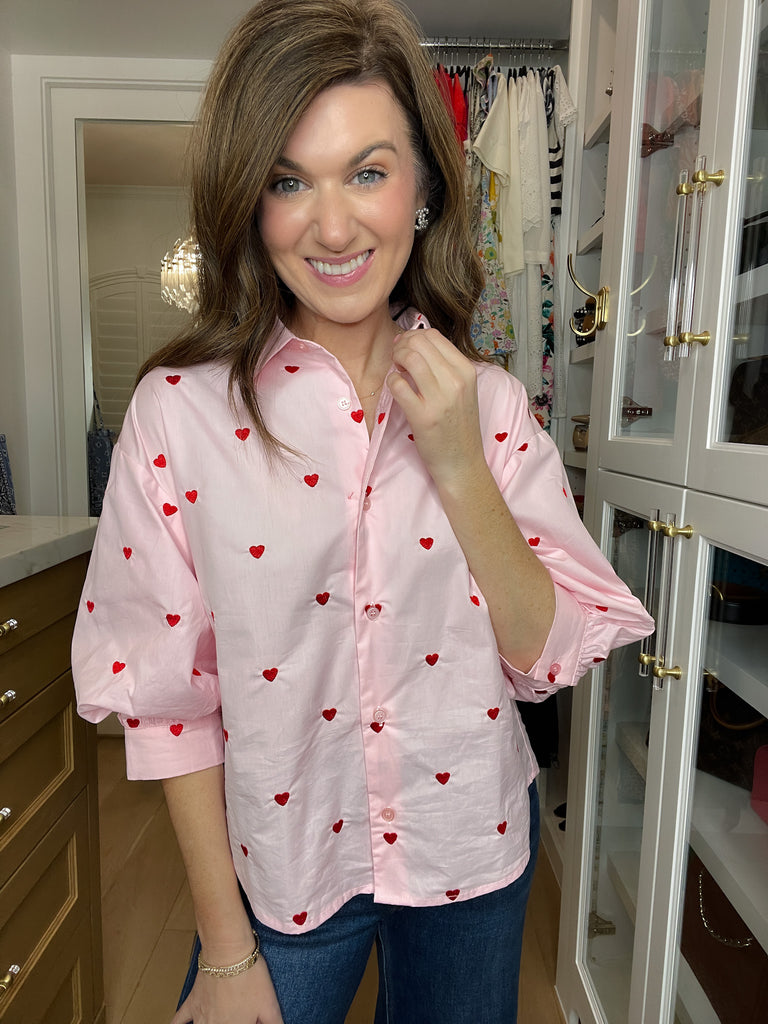 Love Note Button Down in Pink