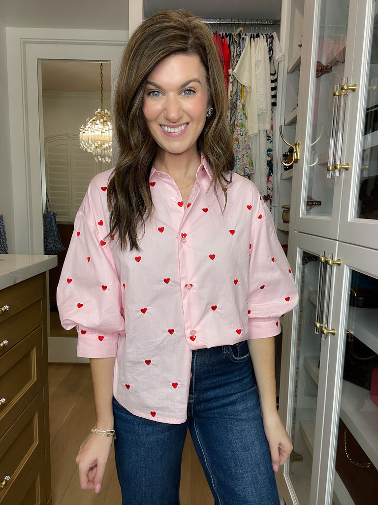 Love Note Button Down in Pink