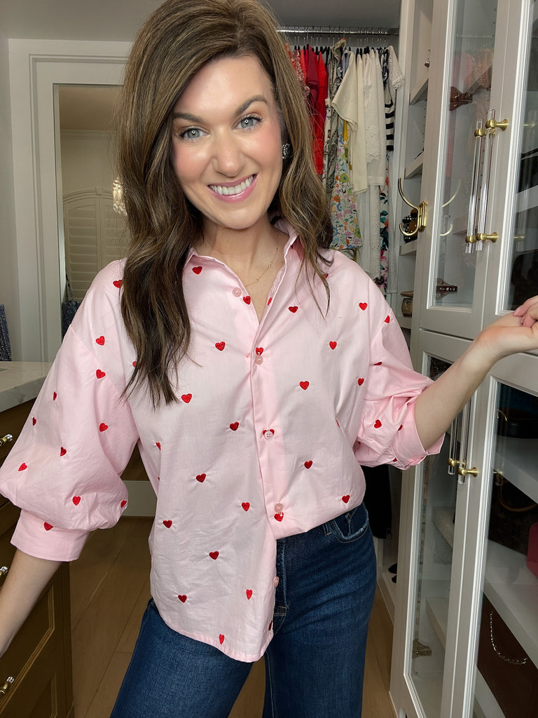 Love Note Button Down in Pink