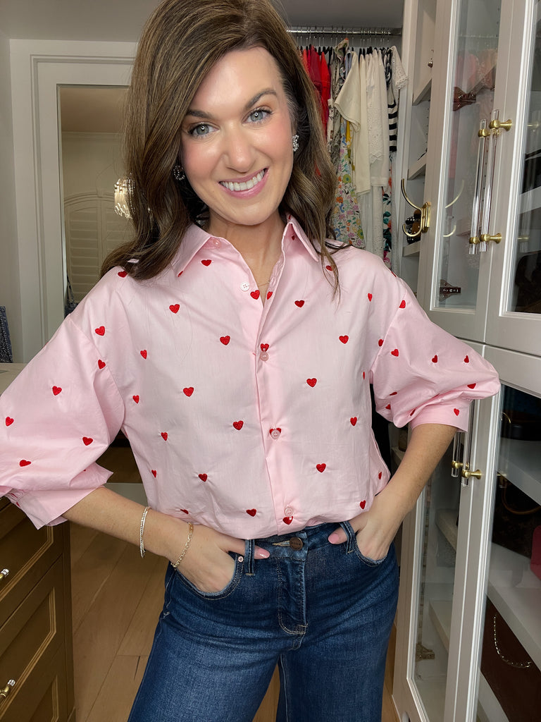 Love Note Button Down in Pink