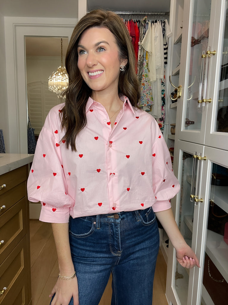 Love Note Button Down in Pink