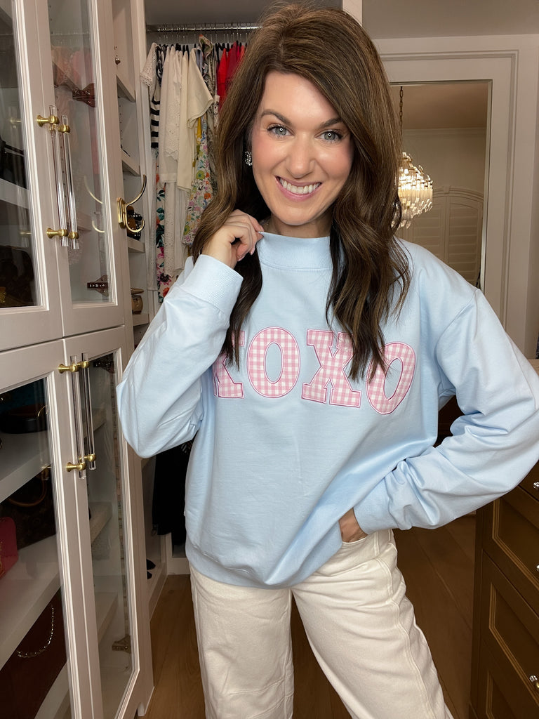 XOXO Gingham Mock Neck Pullover in Blue