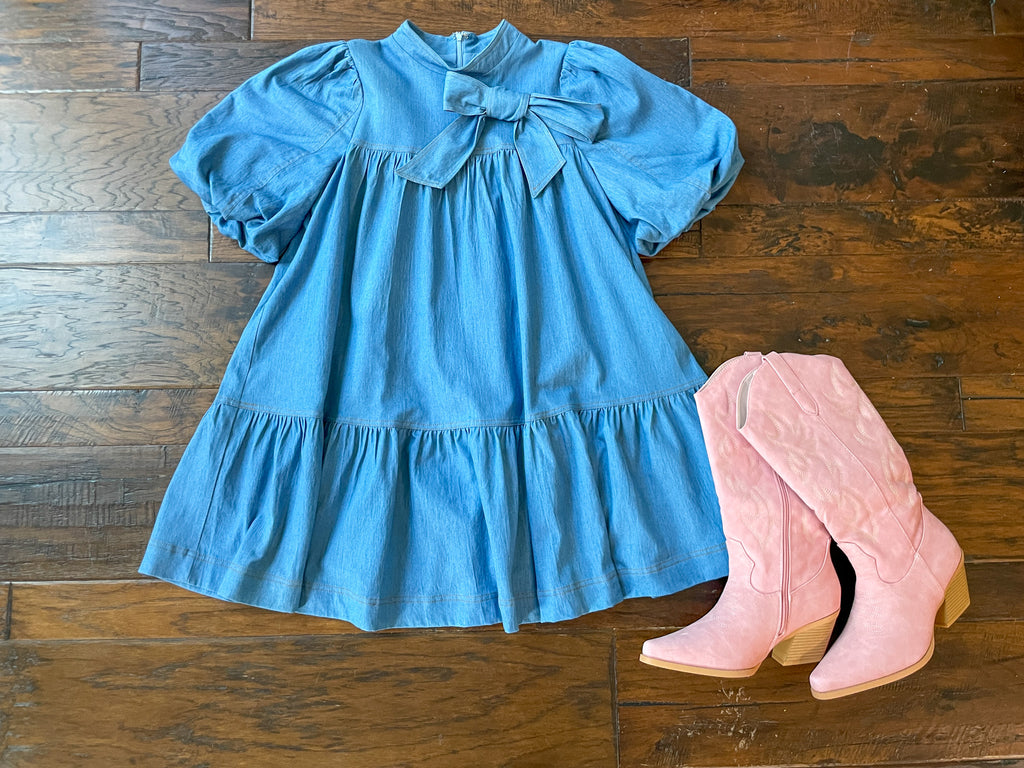 Denim Darling Bow Dress in Light Denim