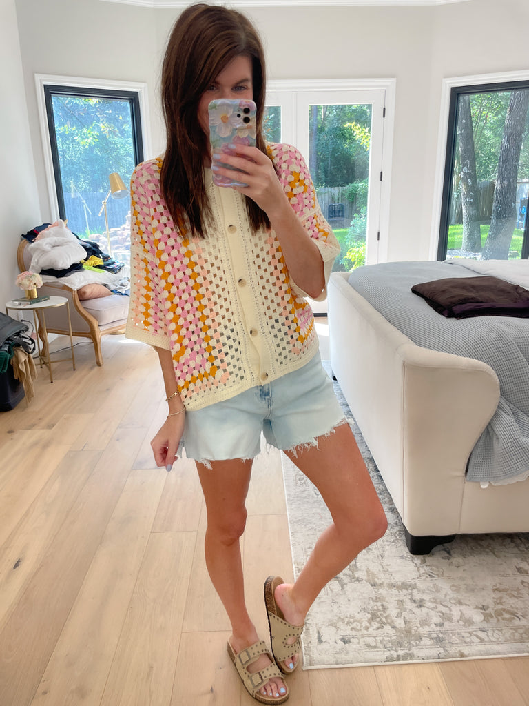 Summer Squares Crochet Button Down Shirt