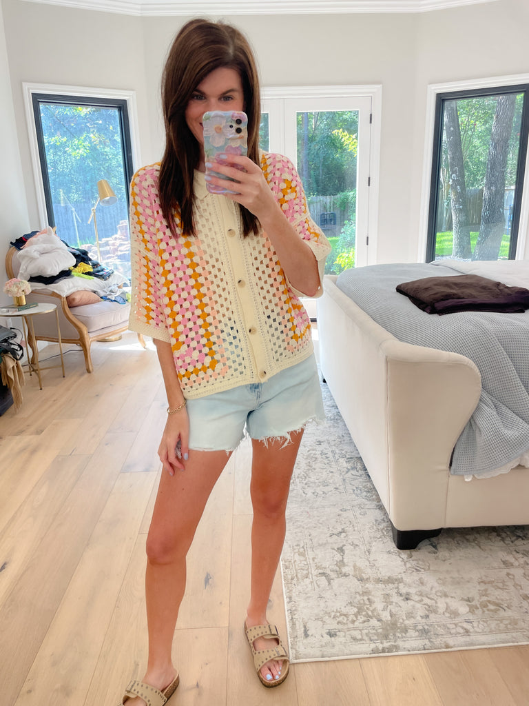 Summer Squares Crochet Button Down Shirt