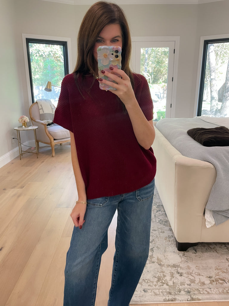 Cozy in the South Short Sleeve Sweater in Burgundy