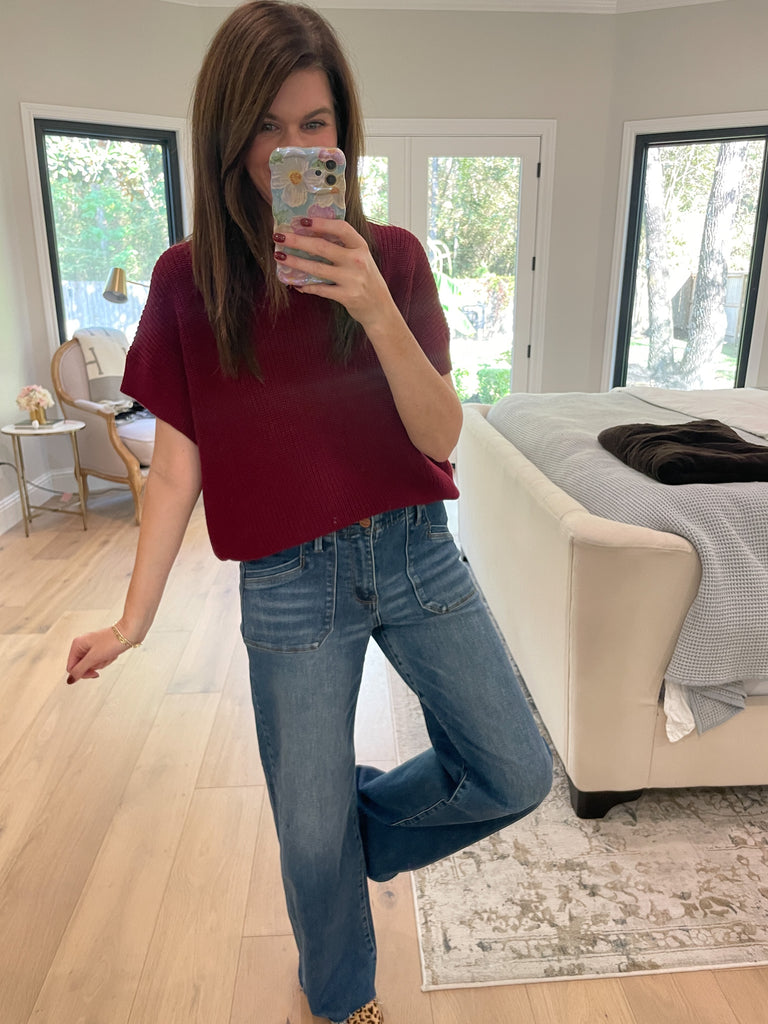 Cozy in the South Short Sleeve Sweater in Burgundy