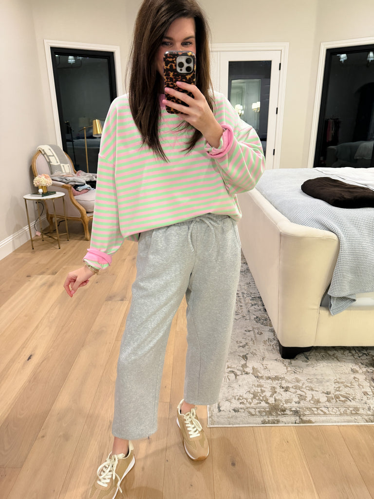 Off-Duty Mock Neck Pullover in Pink/Mint