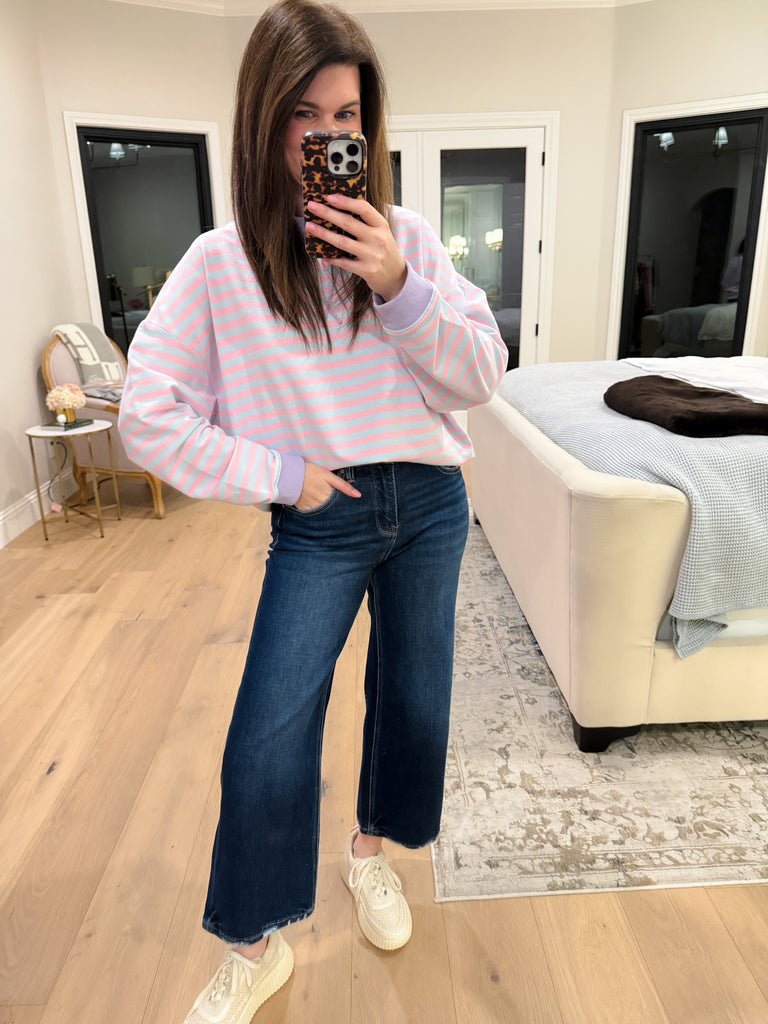 Off-Duty Mock Neck Pullover in Pink/Blue