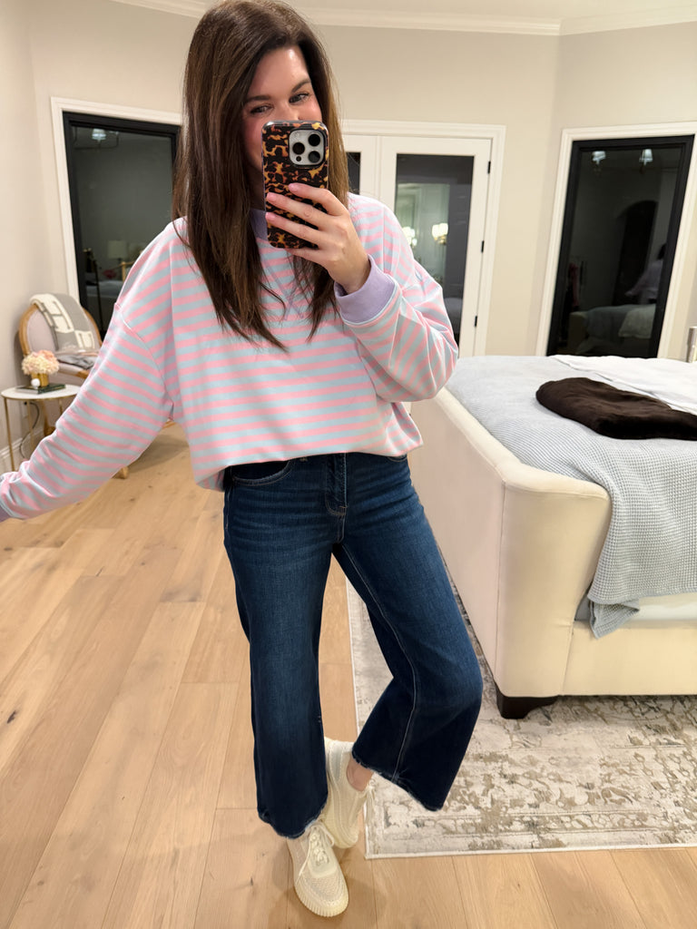 Off-Duty Mock Neck Pullover in Pink/Blue